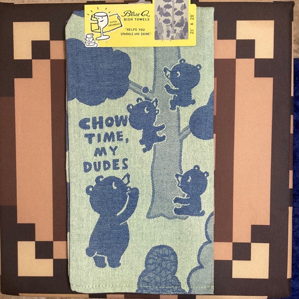 🐻Blue Q Bear Print Hand Dish Towel Green Blue Tree Kitchen “Chow Time, My Dudes”